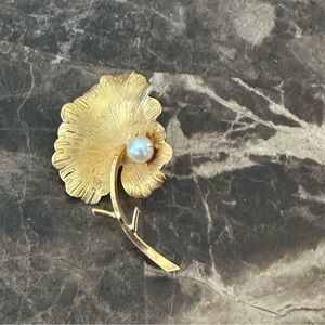 Vintage IPS Gold and White Floral Brooch with Textured Design